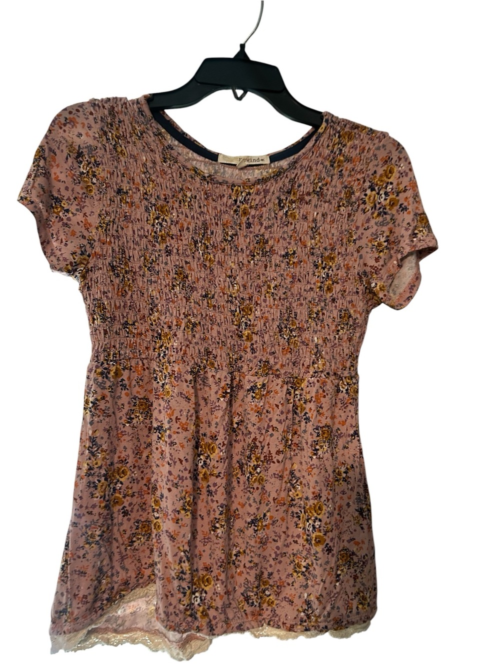 Rewind Pink Floral Smocked Short Sleeve Blouse small